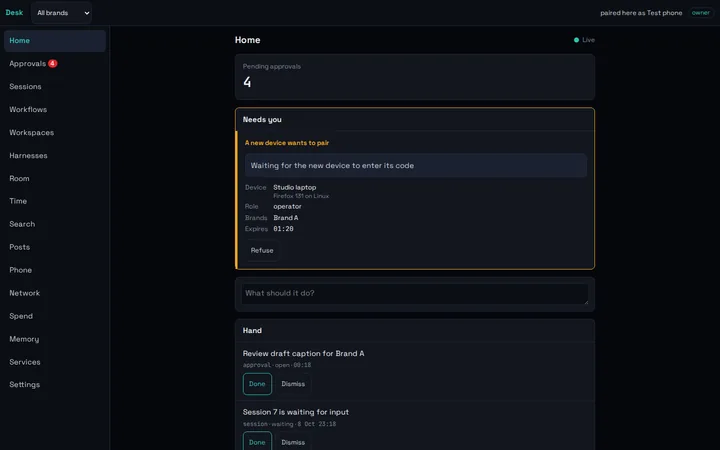 TheDesk.one Home screen: Pending approvals and the tasks waiting for a human decision.